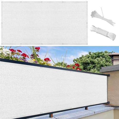 Balkon Sichtschutz mit Ösen 60 x 950 cm Uv-Schutz, Windschutz Balkonabdeckung Balkonumspannungen mit Ösen Kabelbinder Und Kordel für Balkongeländer, Terrasse Garten, Weiß von SUNLIMEI