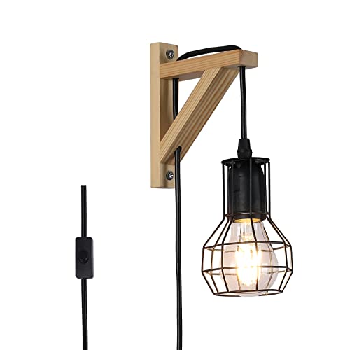 Moderne Schwarz Holz Wandleuchte mit Stecker Schalter, Vintage Rustikales Innen Wandlampe Verstellbare Hängende Wandhalterung, Industrie Lese Leuchten Deko für Wohnzimmer Bad Schlaf Kinderzimmer von SUNLLOK