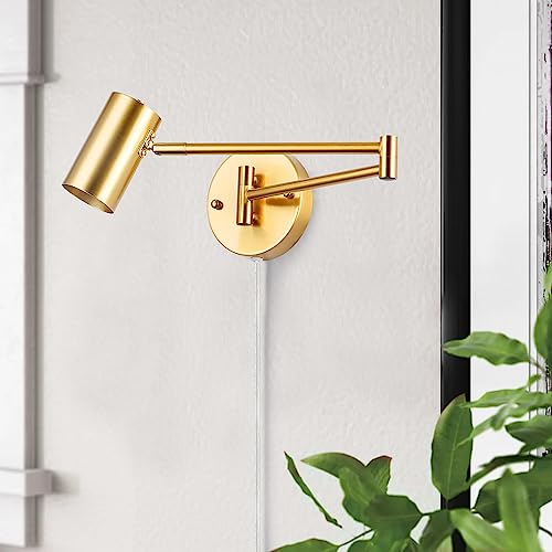 SUNLLOK Modern Swing Arm Golden Wandleuchte mit Stecker, Vintage Schnur-rustikale justierbare Lampenschirm, Hängende Wandleuchte Industrielle Metall Lesen Dekoration für Wohnzimmer Kinder Schlafzimmer von SUNLLOK