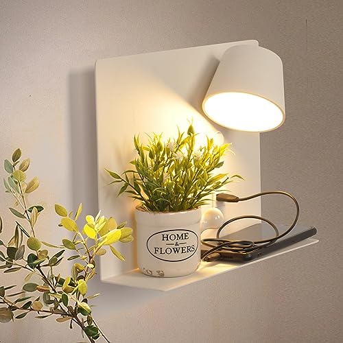 SUNLLOK Moderne Lese LED Wandleuchte mit USB Ladeanschluss & Regalen – Verstellbar Warmweiß Flexibler Kopf Wandlampe – Innen Wandbeleuchtung Deko für Bad Wohnzimmer, Kinderzimmer (Weib., 3200 K) von SUNLLOK