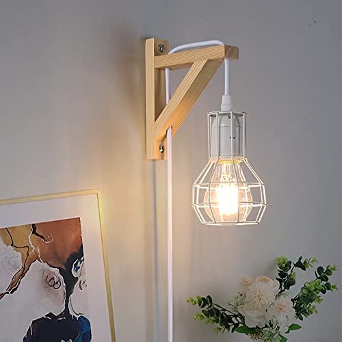 SUNLLOK Moderne Weiß Holz Wandleuchte mit Stecker Schalter, Vintage Rustikales Innen Wandlampe Verstellbare Hängende Wandhalterung, Industrie Lese Leuchten Deko für Wohnzimmer Bad Schlaf Kinderzimmer von SUNLLOK