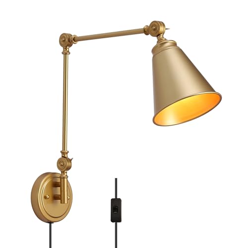 SUNLLOK Swing Arm Golden Wandleuchte mit Stecker, Vintage Schnur-rustikale justierbare Lampenschirm, Moderne Hängende Wandleuchte Industrielle Metall Lesen Dekor für Wohnzimmer Kinder Schlafzimmer von SUNLLOK