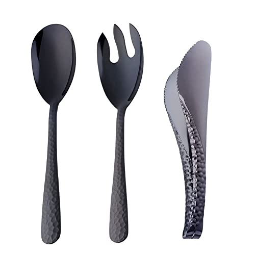 SUNSENGEUR Groß Salatbesteck Schwarz Salatlöffel und Salatgabel 30.7 cm mit Küchenzangen 26.5 cm aus Rostfreim Edelstahl Salat Servierbesteck Set 3 Stück von SUNSENGEUR