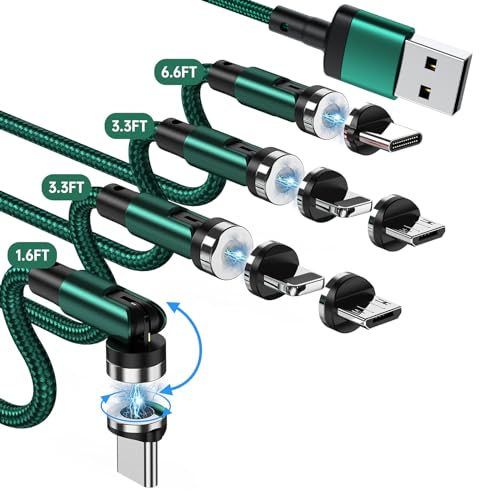 SUNTAIHO Ladekabel Magnetisch USB-Kabel [4Stück, 0.5M+1M+1M+2M] 3 in 1 Magnetisches Ladekabel 360° und 180° Drehbar USB C Magnet Kabel für Micro USB/Type C/i-Produkt - Grün von SUNTAIHO