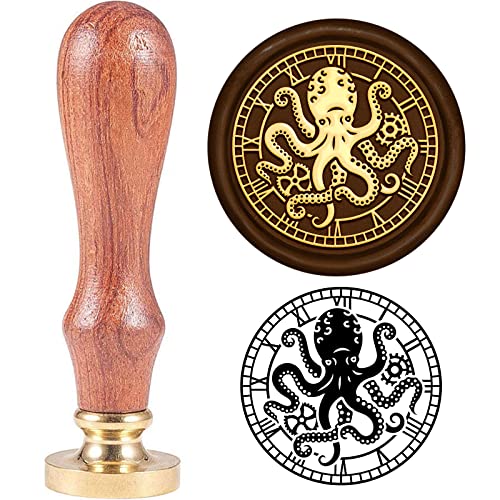 SUPERDANT Oktopus Wachssiegelstempel 30mm Römische Ziffer Uhr Vintage Siegelstempel Messingkopf Holzgriff Wachsstempel Für Einladungen Umschläge Bücher Halloween Geburtstag Themenpartys von SUPERDANT