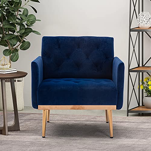 SUPPNEED Moderner Samt-Einzel-Sofa-Sessel, gepolsterter Akzent-Wohnzimmer-Sessel, bequemer Sessel mit roségoldenen Metallbeinen, getufteter Stuhl zum Lesen oder Faulenzen (blau) von SUPPNEED