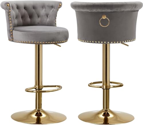 SUPPNEED Swivel Bar Stools Set von 2, Samt Counter Höhe Barhocker mit getufteten zurück, Moderne hohe Esszimmer Hocker Stuhl mit Gold Nailhead für Kücheninsel, Haus Balkon, Café, Bar, Pub（Grau） von SUPPNEED