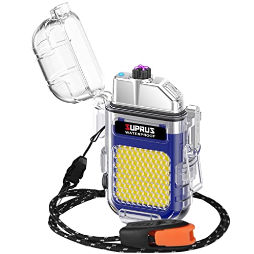 SUPRUS Wasserdichtes Leuchtfeuerzeug, 3 Modi, Taschenlampe, Winddicht, Doppelbogen, elektrisches Feuerzeug, wiederaufladbar, Dual Arc Plasma-Feuerzeug mit Überlebens-Notfall-Pfeife und Umhängeband von SUPRUS