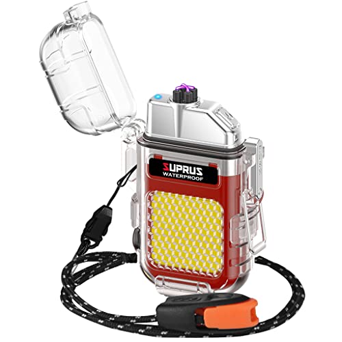 SUPRUS Wasserdichtes Leuchtfeuerzeug, 3 Modi, Taschenlampe, Winddicht, Doppelbogen, elektrisches Feuerzeug, wiederaufladbar, Dual Arc Plasma-Feuerzeug mit Überlebens-Notfall-Pfeife und Umhängeband von SUPRUS