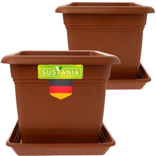 SUSTANIA Pflanzkübel Eckig 28x28 Terracotta 2er Set - Robuster Blumentopf Groß, Übertopf Ideal für Tomatenpflanzen, Eckige Pflanztöpfe Kunststoff für Garten & Balkon von SUSTANIA