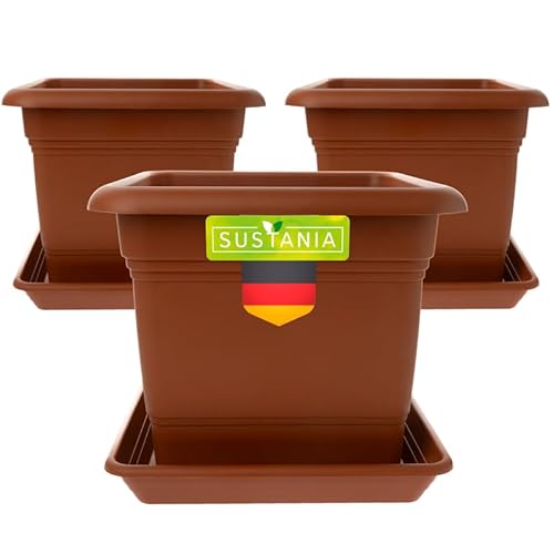 SUSTANIA Pflanzkübel Eckig 28x28 Terracotta 3er Set - Robuster Blumentopf Groß, Übertopf Ideal für Tomatenpflanzen, Eckige Pflanztöpfe Kunststoff für Garten & Balkon von SUSTANIA