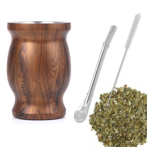 Mate Becher, Edelstähle Mate Tee Set, Mit Strohhalmlöffel und Reinigungsbürste, Mate Gourd Set für Mate Tee, Kaffee, Milch und Saft, Farbe der Holzmaserung, 8oz von SVUPUE