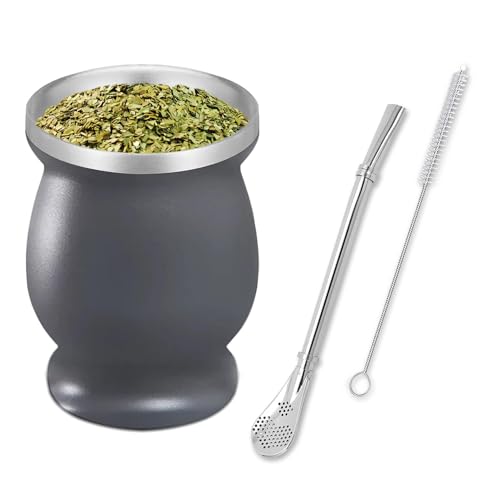 Mate Becher, Edelstähle Mate Tee Set, Mit Strohhalmlöffel und Reinigungsbürste, Mate Gourd Set für Mate Tee, Kaffee, Milch und Saft, Grau, 8oz von SVUPUE