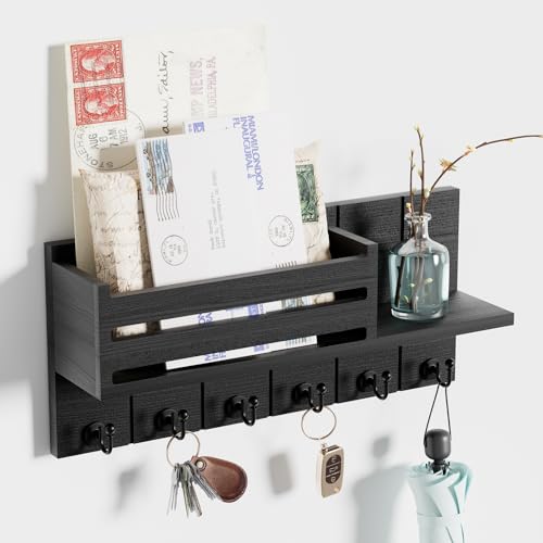 SWTYMIKI Schlüsselbrett mit Ablage - Schlüsselkasten holz mit Regal Enthält Briefhalter und 6 Haken, Schlüsselhalter Wand für Wohnzimmer, Küche, Büro, Flur, Schlafzimmer, Schwarz SWTYMIKI Schlüsselbrett mit Ablage - Schlüsselkasten holz mit Regal Enthält Briefhalter und 6 Haken, Schlüsselhalter Wand für Wohnzimmer, Küche, Büro, Flur, Schlafzimmer, Schwarz von SWTYMIKI