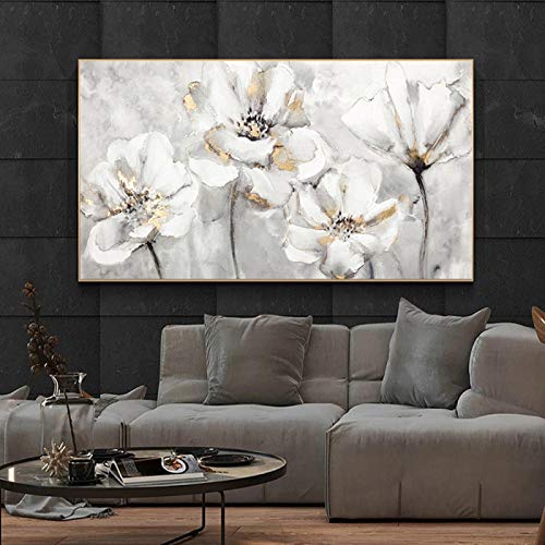 Abstrakte weiße und goldene Blume Leinwand Malerei Moderne Drucke und Poster Wandkunst Bilder für Wohnzimmer Schlafzimmer Dekor 80x160cm Rahmenlos von SXKJ