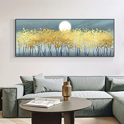 Druck auf Leinwand Abstrakte goldene Bäume Mond Leinwand Gemälde moderne nordische Leinwand Poster und Drucke für Schlafzimmer Dekoration 60 x 180 cm rahmenlos von SXKJ