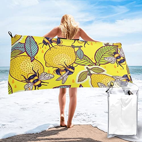 Badetuch mit gelbem Zitronen- und Bienen-Druck, schnelltrocknend, 140 x 70 cm, super saugfähige Mikrofaser-Handtücher für Reisen, Strand und Fitnessstudio von SYLALE