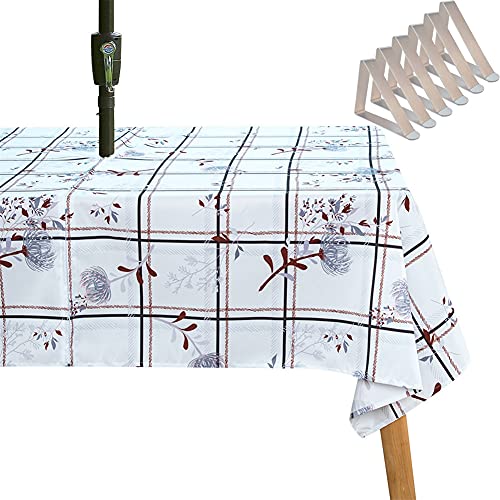 SYLC Tischdecke Mit Loch Für Sonnenschirm/Regenschirm, Outdoor Picknick Tischdecke Wasserdicht, Tischtuch Mit Reißverschluss Tischwäsche (213 × 153 cm,Weißes Gitter) von SYLC