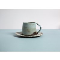 Hellblaue Keramiktasse, Rustikale Handgemachte Tasse, Steinzeugtasse Mit Untertasse, Große Teetasse, Kaffeetasse Keramik, Mutter Des Bräutigams von SaGaPotteryUkraine