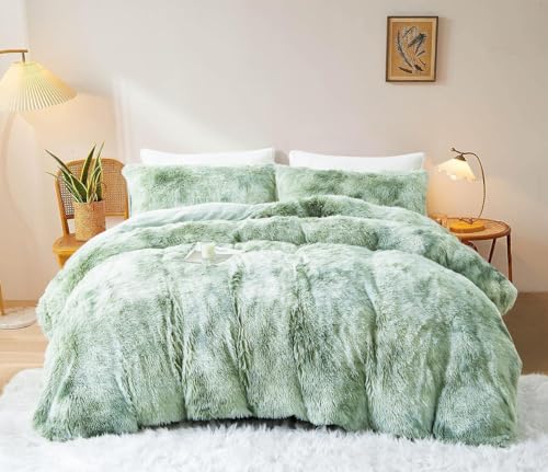 Sacebeleu Winter Bettwäsche 155x220cm Grün Weiß Plüsch Langhaar Flauschig Flanell Biber Bettbezug Warme Bettbezug und 1 Kissenbezug 80x80cm mit Reißverschluss von Sacebeleu