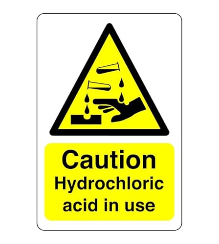 Warnschild mit Aufschrift "Caution Hydrochloric Acid in use", Säure, ätzend, gefährlich, Chemikalien, schädlich, selbstklebend, 300 mm x 200 mm, Sichtabstand innerhalb von 7 m. von Safety First Display LTD