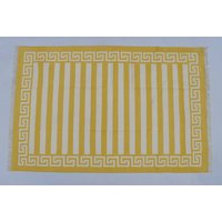 4x6 Goldgelbe Und Weiße Baumwolle Handarbeit Moderner Streifen Teppich - Flacher Web- Handgewebter Kelimteppich von SahjadCarpets