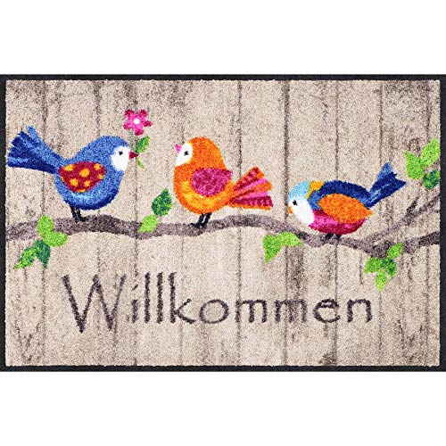 Salonloewe Birds Wood Fußmatte 50 x 75 cm Fußabtreter Türmatte Schmutzfangmatte Vögel bunt Frühling von Salonloewe