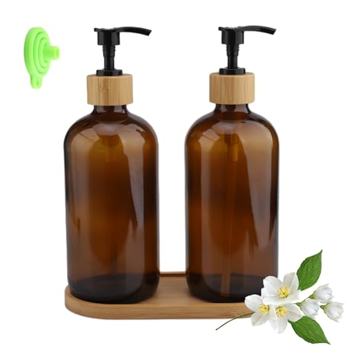 2 Seifenspender 500ml, Pumpspender, Shampoo Flaschen zum Befüllen, Etikett und Holztablett sowie nachfüllbarer Glas Seifenspender mit Pumpe, geeignet für Bad, Küche, Arbeitsplatte（braun） von Salubohum