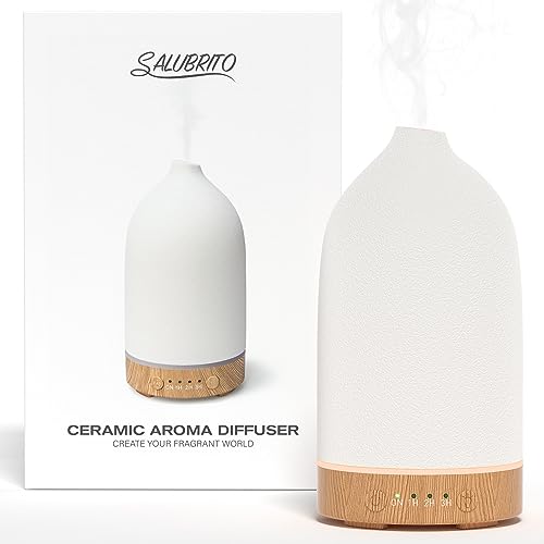 SALUBRITO Keramik Aroma Diffuser, Weiß Diffusor für Ätherische Öle, Ultraschall Luftbefeuchter Duftöl Diffuser, Aromatherapie Diffusor für Duftöle, BPA Frei und Automatisches Abschalten von Salubrito