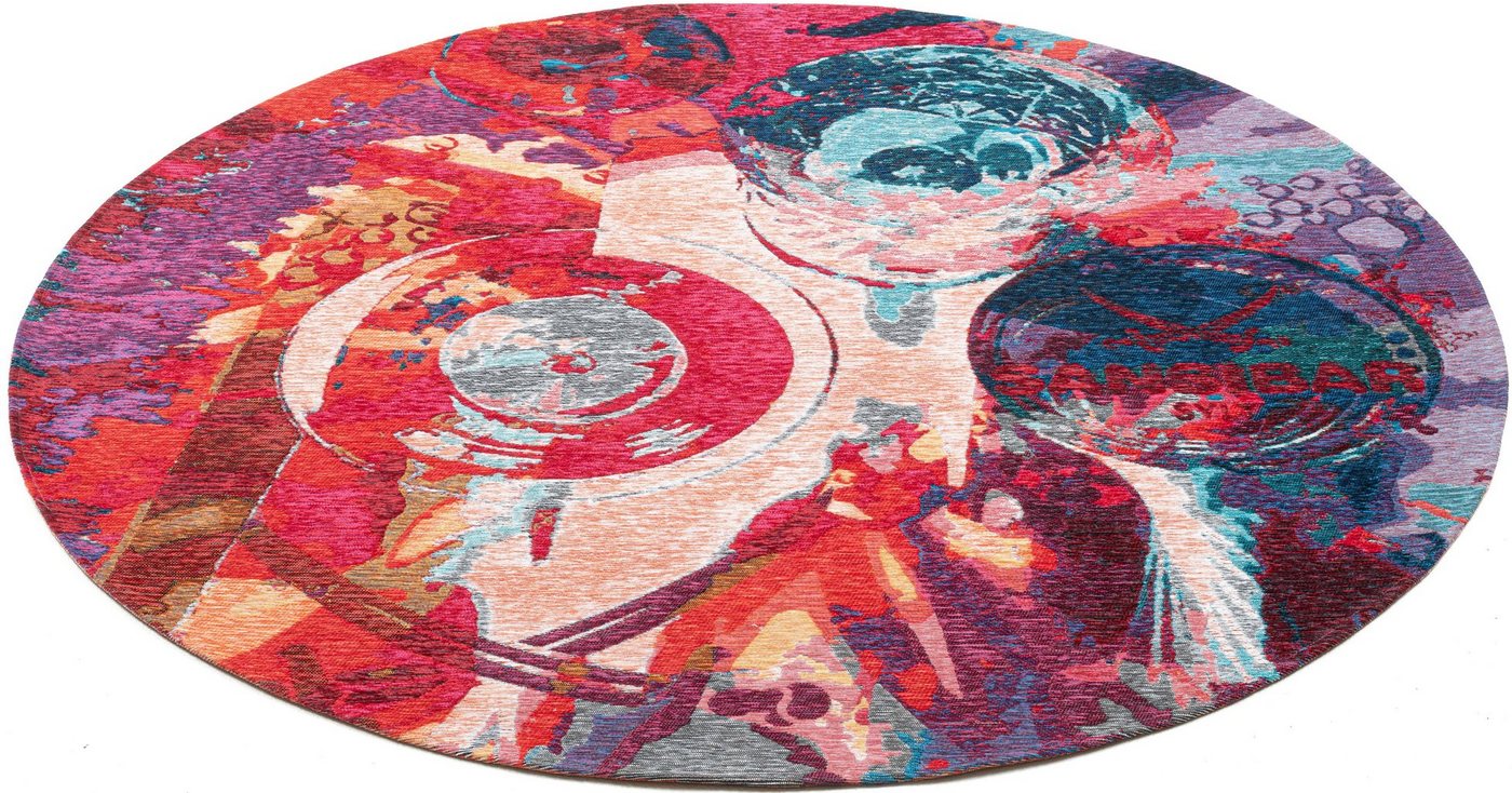 Teppich Keitum 008, Sansibar, rund, Höhe: 3 mm, Flachgewebe, modernes Design, Motiv Gläser & gekreuzte Säbel von Sansibar