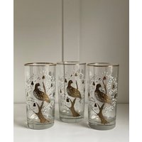 Mcm Libbey Rebhuhn in Einer Pear Tree Ltd Edition Highball Gläser, Gold Und Weiß Relief, 3Er Set von SantaBarbaraCeramics