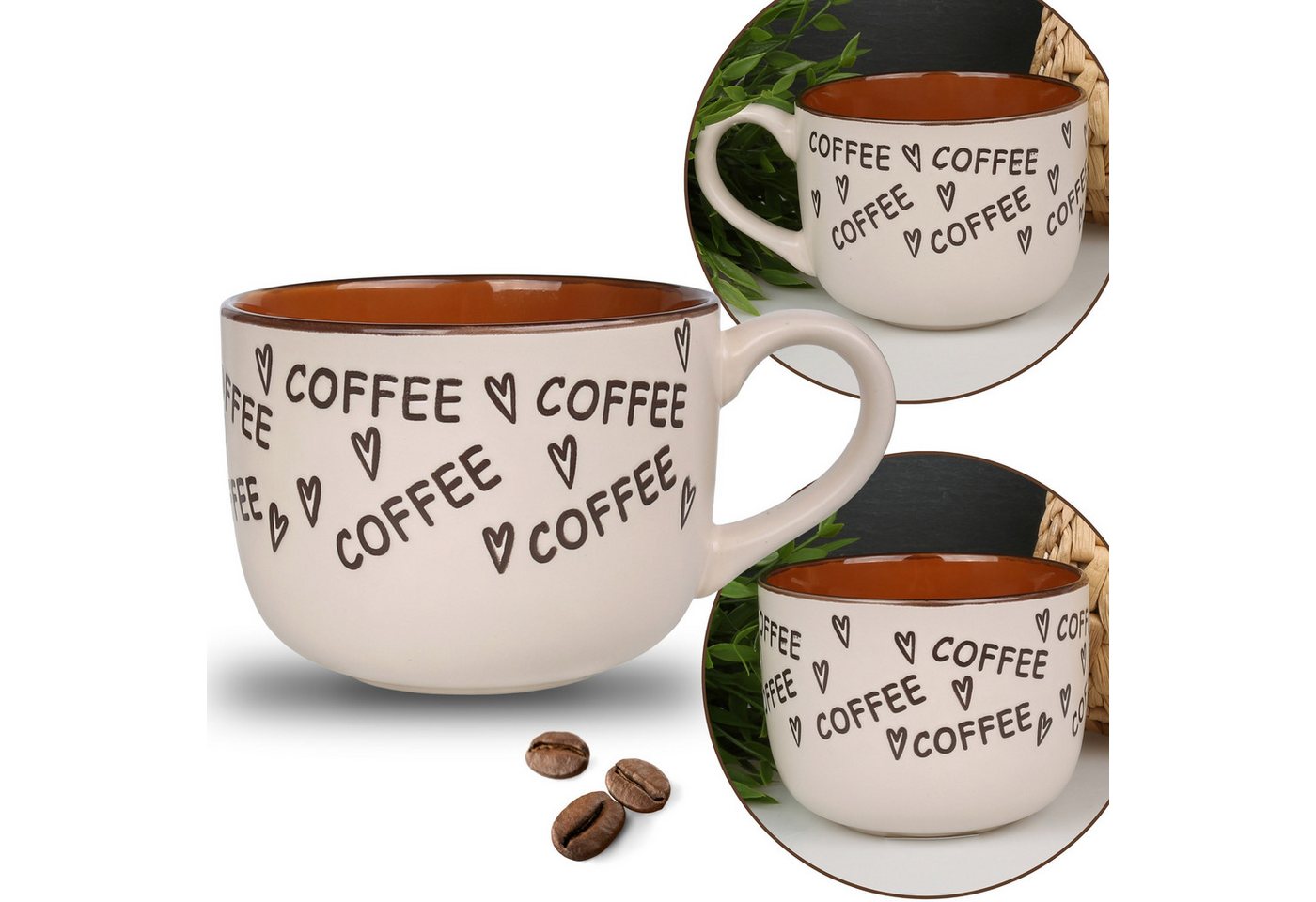 Sarcia.eu Dekobecher Beige Tasse mit Coffee-Aufschriften, Porzellanbecher 530 ml von Sarcia.eu