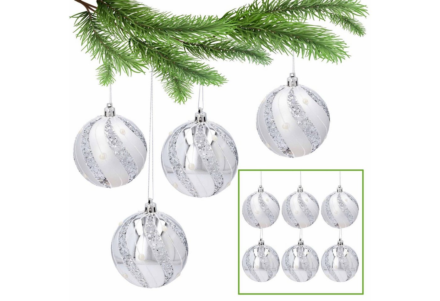 Sarcia.eu Weihnachtsbaumkugel Christbaumkugeln aus Kunststoff mit Glitter 8cm, silbern 6tlg von Sarcia.eu