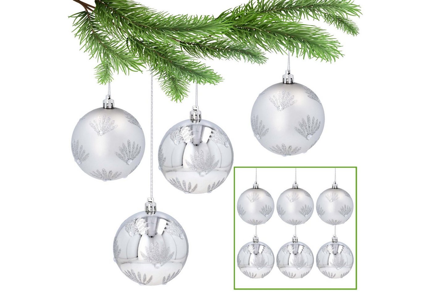 Sarcia.eu Weihnachtsbaumkugel Silberne Christbaumkugeln mit Glitzer, Kunststoff 8cm, 6 Stück 1Pack von Sarcia.eu