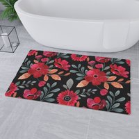 Floral Retro Rot & Schwarz Bodenmatte, Funky Teppiche, Lebendige Badematte, Badematte Klein, Große Schwarz Bunte Duschteppich von SaritShayLove