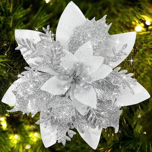 Sawowkuya 15 Stück silberne Weihnachtssterne künstliche Blumen Glitzer künstliche Weihnachtsblumen Dekorationen mit Clips für Weihnachtsbaum Ornamente Hochzeit Party Kranz Dekor von Sawowkuya