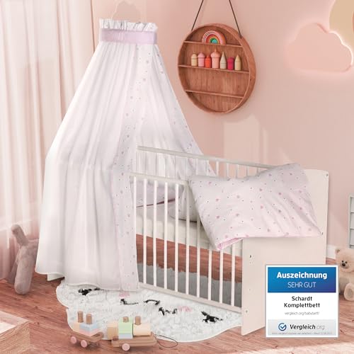 Schardt - Baby Komplettbett Set 70x140cm Classic White - Herzchen Rosa - 3 Teilig inkl. Matratze, Himmelstange, Textil-Set, Mittel von Schardt