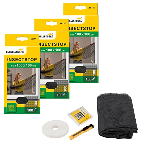 Schellenberg 3er Spar-Pack 50711 Fliegengitter für Fenster, Insektenschutz ohne Bohren, Schutz vor Mücken, Fliegen, Insekten und Ungeziefer, 100 x 100 cm, inkl. selbstklebendes Klettband, anthrazit von Schellenberg