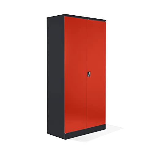 Schrank & Stuhl Aktenschrank Büroschrank Stahlschrank Flügeltürschrank mit 4 höhenverstellbaren Fachböden, 195"x92x42 cm, Schwarz/Rot von Schrank & Stuhl