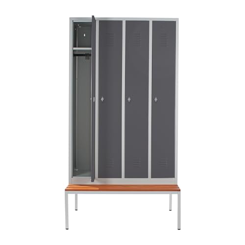 Schrank & Stuhl Spind – Metallspind mit 4 Abteilen und Sitzbank - 30 cm Abteilbreite, 220 x 117 x 80 cm, Schließfachschrank mit Hutboden & Drehriegelverschlüssen, Grau/Anthrazit von Schrank & Stuhl