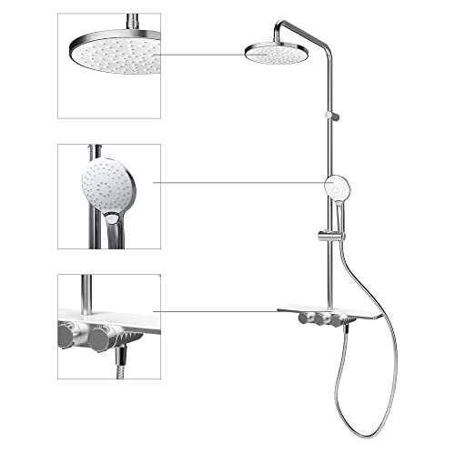 Schulte DuschMaster Rain III mit Ablage White Style, Duschystem mit Kopf- und Handbrause, D9692804 von Schulte