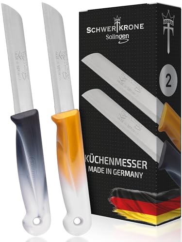 Schwertkrone Solingen Wellenschliff Messerset 2er Set Küchenmesser Gemüsemesser Allzweckmesser scharf 8,5 cm Klinge Bandstahl - schwarz-weiß/gold-weiß von Schwertkrone