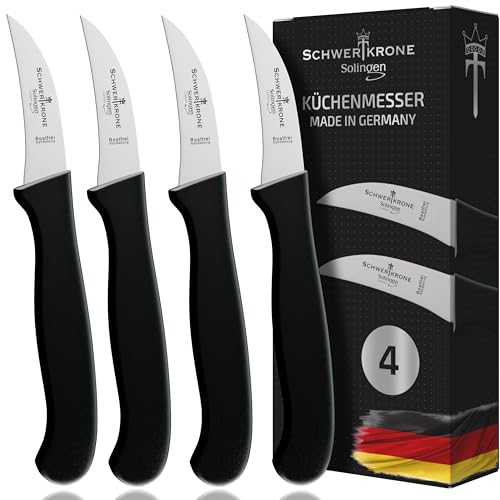 Schwertkrone Solingen 4er Messerset - Gebogene Küchenmesser, Vogelschnabel, Gemüsemesser, Schälmesser, Rostfrei, 2,5", Superscharf, Spülmaschinenfest von Schwertkrone