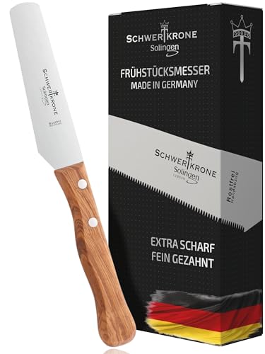 Schwertkrone Solingen Buttermesser Holz - Frühstücksmesser Olivenholzgriff - Dessertmesser Tafelmesser - Edelstahl Rostfrei - Made in Germany von Schwertkrone