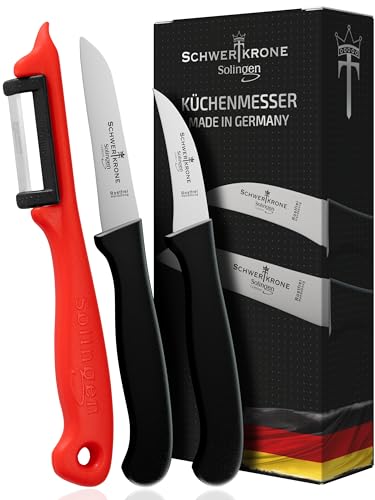 Schwertkrone Küchenmesser Set - Scharfe Gemüsemesser - Schälmesser gerade/gebogen und Sparschäler/Kartoffelschäler rot - Made in Solingen von Schwertkrone