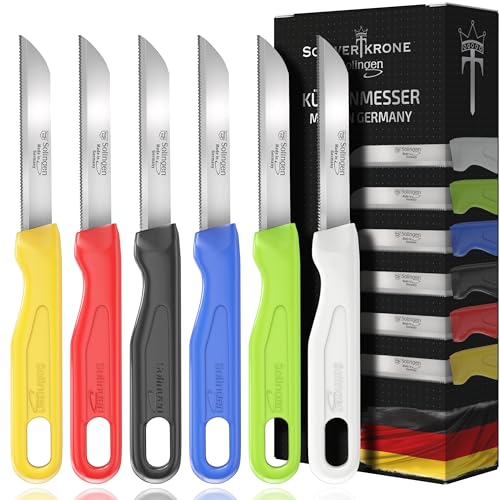 Schwertkrone Solingen 6er-Set Küchenmesser gezahnt - rostfreier Edelstahl - scharfe Schälmesser, Obst- & Gemüsemesser - Made in Germany - bunte Griffe von Schwertkrone