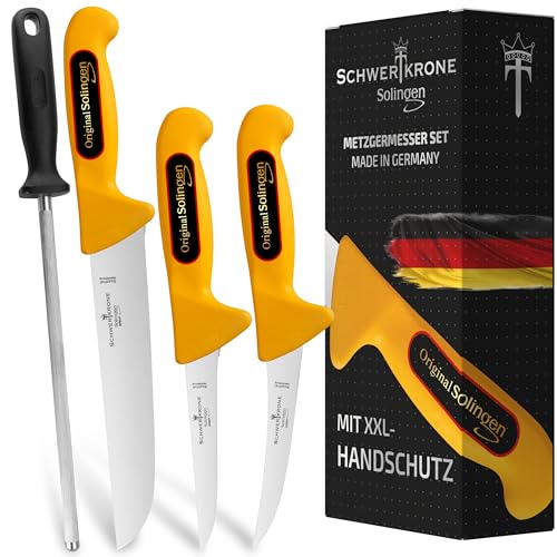 Schwertkrone Metzgermesser Set 4 Tlg. Made in Germany Solingen Profi Fleischermesser, Schlachtermesser, Ausbeinmesser, Zerwirkmesser, Kochmesser von Schwertkrone