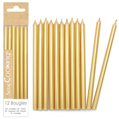 ScrapCooking - 12x Lange Kerzen Gold 12 cm - Geburtstagskerzen fur Torten, Geburtstag - Geburtstagsdeko XXL Metallisch Kinder & Erwachsene, Geburtstagstorte Deko Kuchen - 0348 von ScrapCooking