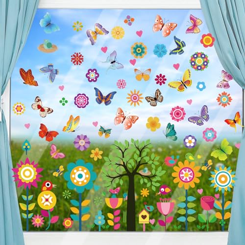 Seasboes 148 Stück Fensterbild Blumen, Aufkleber Fensterfolie Schmetterling Fenster Abziehbilder, Fensterbilder Frühling, Anti-Kollision Aufkleber für Baby Kinderzimmer Party Fensterdeko von Seasboes