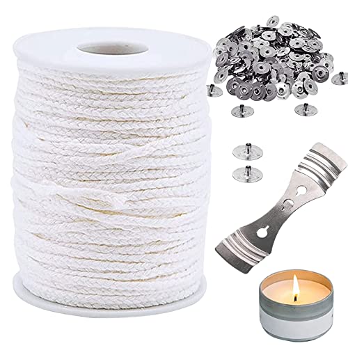 Seasboes 61M Kerzendochte Baumwolle, Candle Wick, Flachdocht für Kerzen, BioKerzendocht, Kerze Dochte, Kerzen DIY Kit mit 1 Metallhalterung 100 Eisenbleche, Naturkerzendocht für DIY Kerzenherstellung von Seasboes